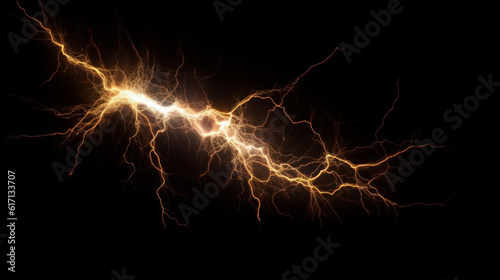 A powerful light orange lightning electrical strike or bolt on a black background