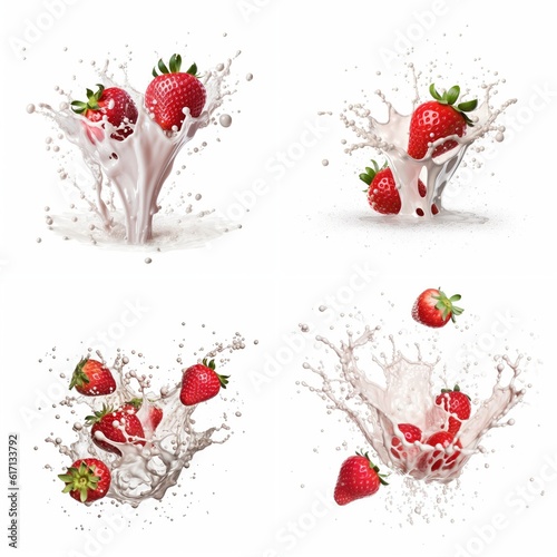 set of strawberry in milk splash on white background, strawberry in milk mockup, yogurt packaging mockup