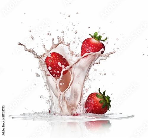 strawberry in milk splash on white background  strawberry in milk mockup  yogurt packaging mockup