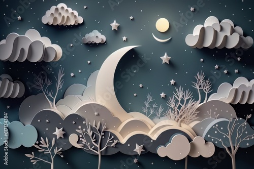 cardboard style. night sky with clouds and stars and moon. fairy tale background. generative ai.
