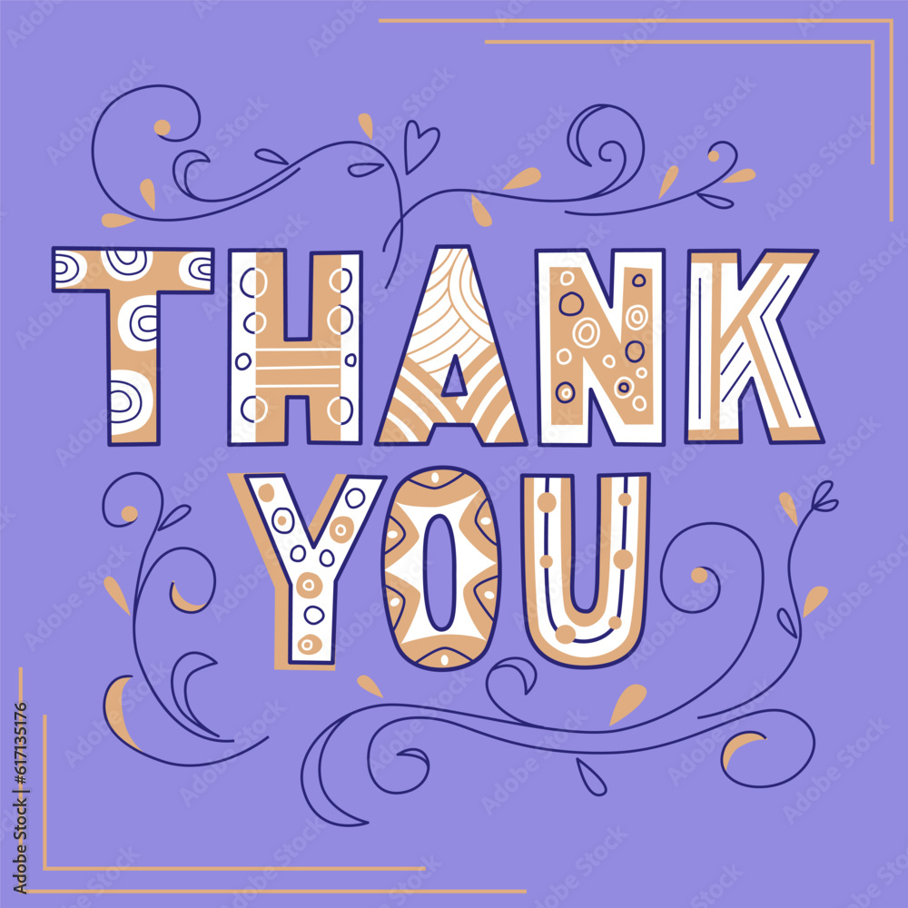 Thank you  lettering in doodle style. Vector color illustration in purple background