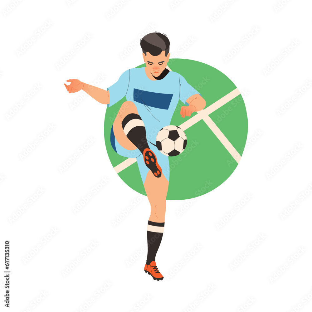 Man Football Player in Uniform Passing Ball Scoring Goal Vector Illustration