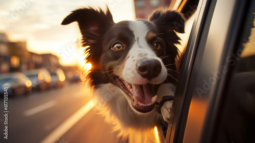 Happy dog peeking out of a car window summer vacation travel - Generative AI © OscarAlejandro