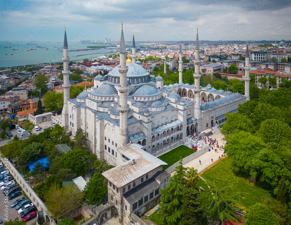 Blue Mosque Sultan Ahmet Camii aerial view in Sultanahmet in historic city of Istanbul, Turkey. Historic Areas of Istanbul is a UNESCO World Heritage Site since 1985. 