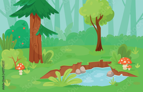 Forest Green Scene with Tree  Grass and Pond Vector Illustration