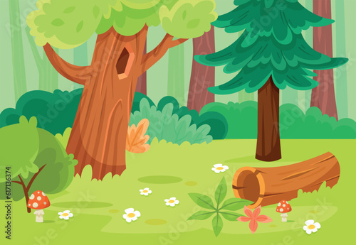 Forest Green Scene with Tree, Grass and Log Vector Illustration