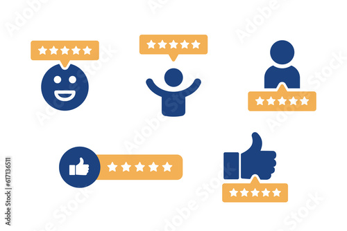 Customer Review Rating with 5 stars. Feedback with satisfaction rating. Survey about quality service. 5 stars positive review of customer. Concept of best ranking. Choose icon of excellent