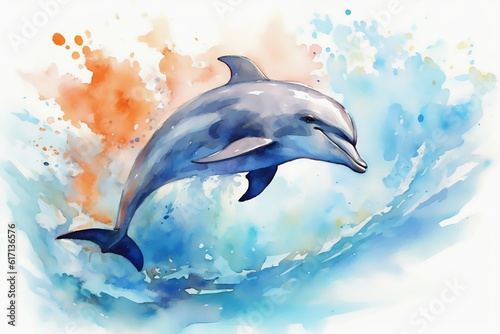 Fotobehang Cute dolphin jumping out of the water in watercolor style