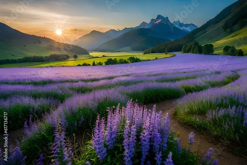 lavender field at sunset generated by AI technology © Farwa