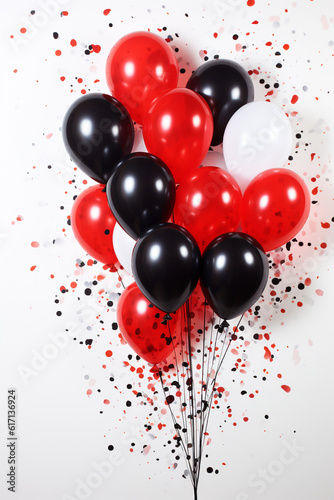 fliegende rote, schwarze und weiße Party Ballons mit Konfetti. Generative Ai.