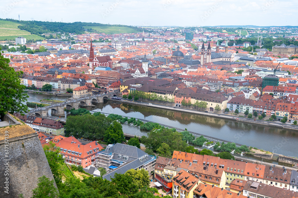 Aerial view of the historic city of Wurzburg with Alte Mainbrucke, region of Franconia, Northern Bavaria, Germany