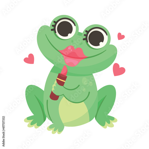 Cute Green Leaping Frog Character Sitting with Lipstick Vector Illustration