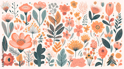 Cute seamless floral patterns, large set of floral elements, generative AI.