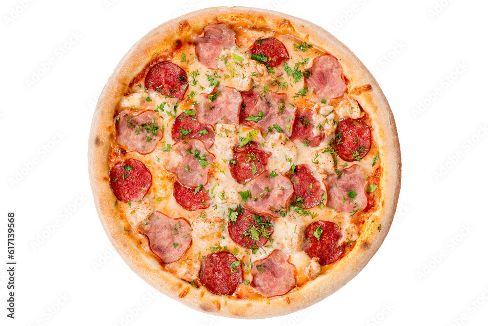 Pizza with salami, ham, sausage and tomato sauce. View from above