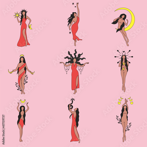 Vector Illustration Seth Girl Magic Hecate Witch Moon Goddess Femininity Black Yellow Purple Long Hair Rad