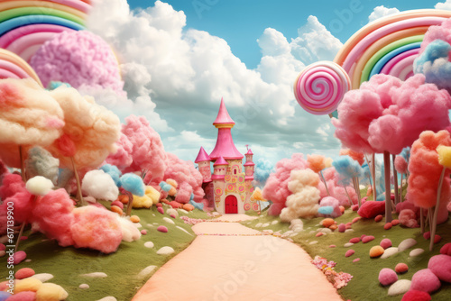 Candy town, lollipop trees. Sweets background. Child Birthday party poster or postcard template. Generative ai illustration Candy land town with blue sky and marshmallow clouds. photo