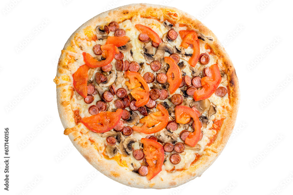Pizza with ham, mushrooms, tomatoes and bell peppers. View from above