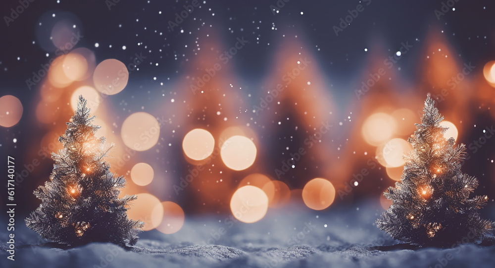 Christmas tree in snow, christmas lights in the snow, christmas tree in the night