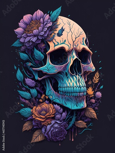 drawing of a skull head with flowers