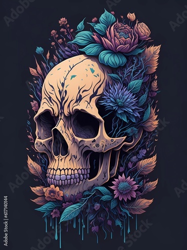 drawing of a skull head with flowers