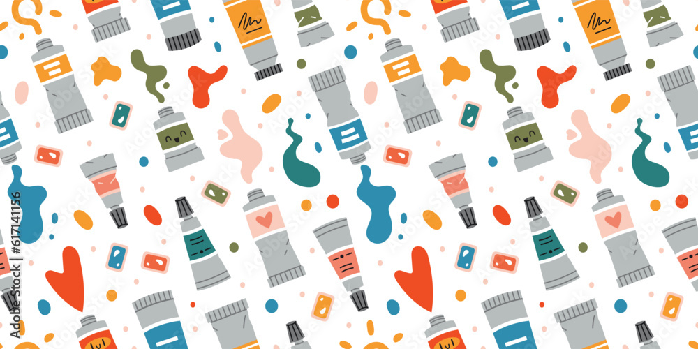 Seamless pattern with Paint tubes on white background, oil paint, acrylic, gouache or watercolor, cartoon style. Trendy modern vector illustration, hand drawn, flat design Seamless pattern with Paint tubes on white background, oil paint, acrylic, gouache or watercolor, cartoon style. Trendy modern vector illustration, hand drawn, flat design