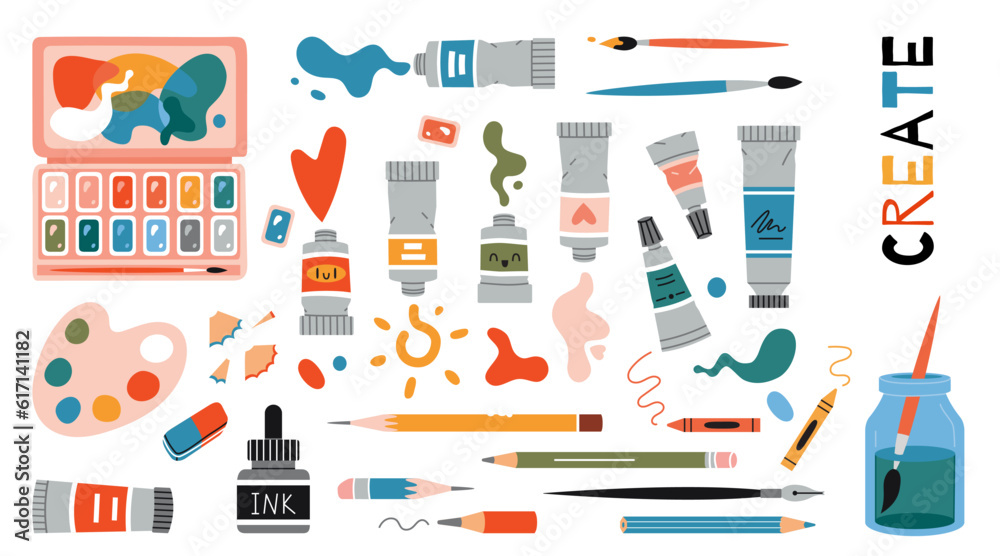 A set of vector elements of cartoon-style drawing tools. Art supplies tubes  of paints, brushes, pencil, watercolor, palette, ink, ink. Modern vector  illustration on a white, hand-drawn flat design 26831172 Vector Art