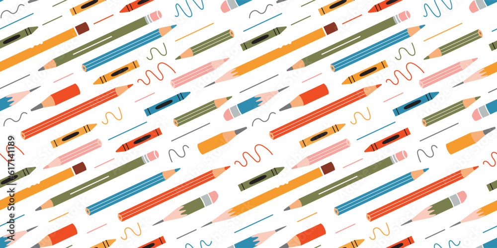 Seamless pattern with various pencils and crayons on white background, cartoon style. Trendy modern vector illustration, hand drawn, flat design Seamless pattern with various pencils and crayons on white background, cartoon style. Trendy modern vector illustration, hand drawn, flat design