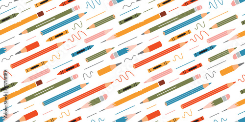 Seamless pattern with various pencils and crayons on white background, cartoon style. Trendy modern vector illustration, hand drawn, flat design