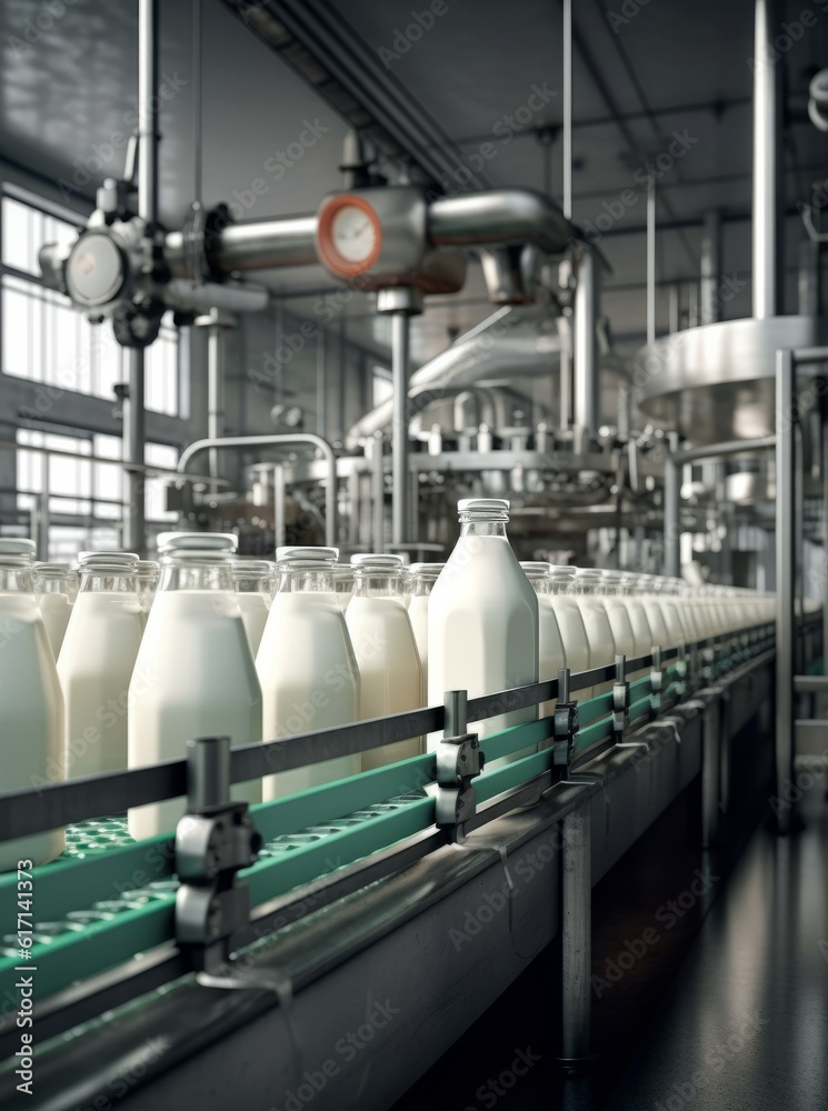 Glass bottles with a dairy product on a production line. Dairy plant production line. Generative AI
