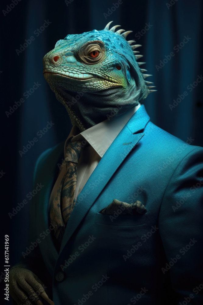 Portrait of iguana in human clothing. Creative portrait of wild animal on abstract background. Antropomorphic animal. Created with Generative AI Portrait of iguana in human clothing. Creative portrait of wild animal on abstract background. Antropomorphic animal. Created with Generative AI
