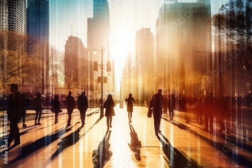 Silhouettes of group of people in downtown with motion blur effect. Crowd of people walking at city street. Unrecognizable people on the road. City life. Created with Generative AI