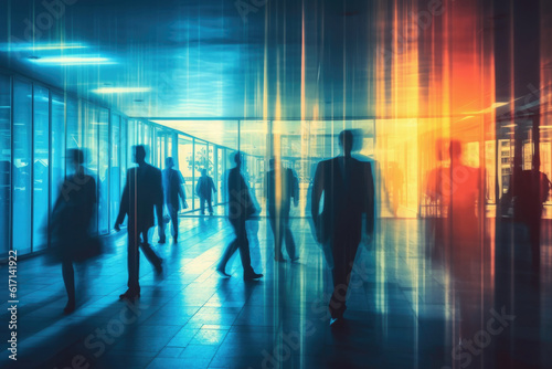 Silhouettes of group of people in business office with motion blur effect. Crowd of unrecognizable people walking in building with glass facade. City life. Created with Generative AI