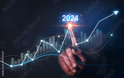 Planning,opportunity, challenge and business strategy in new year 2024. Growth and development chart of company in new year 2024. Development to success and motivation.
