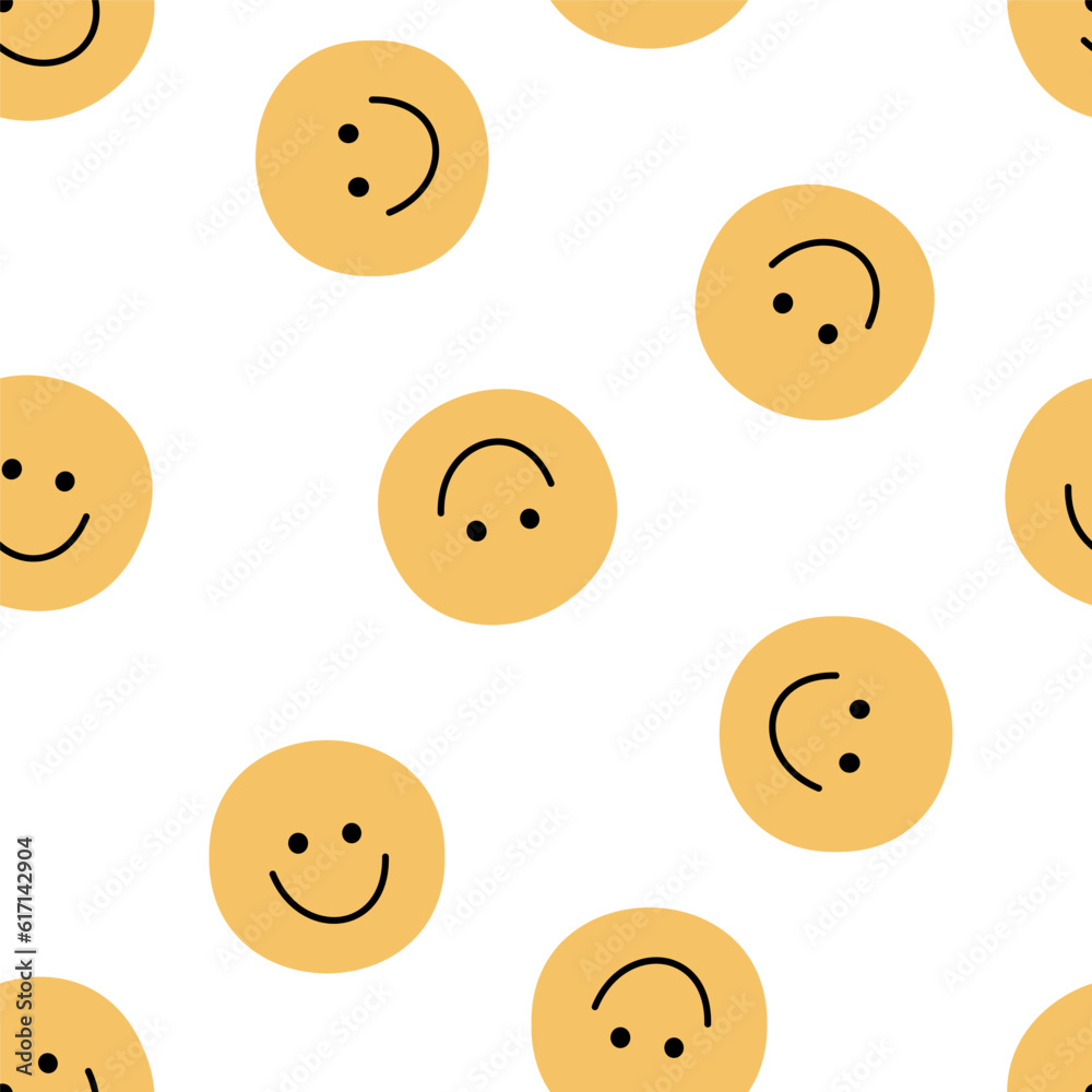 Smiling face doodle seamless pattern. Happy muted yellow emoticons, y2k style. Vector illustration isolated on white background Smiling face doodle seamless pattern. Happy muted yellow emoticons, y2k style. Vector illustration isolated on white background