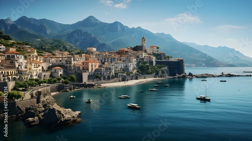 A stunning landscape of a beautiful Mediterranean coastal town with a beach and harbour. The sky and sea are vivid blue and there's mountainous terrain in the background. Generative AI.