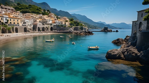 A stunning landscape of a beautiful Mediterranean coastal town with a beach and harbour. The sky and sea are vivid blue and there's mountainous terrain in the background. Generative AI.