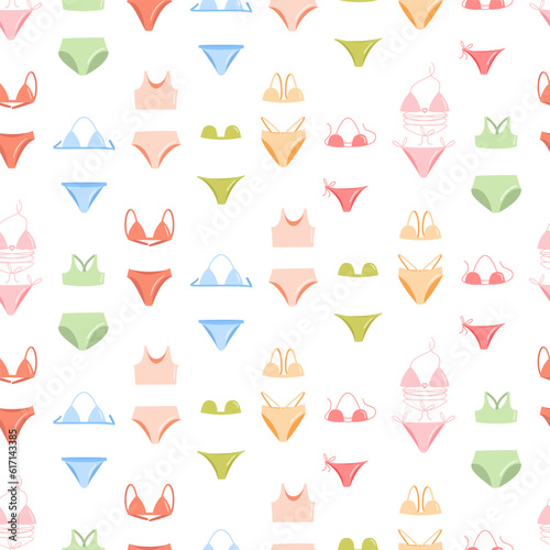 Bikini doodle seamless pattern. Female swimsuits. Modern minimalistic lingerie and swimwear pieces, pastel colors. Vector illustration isolated on white background