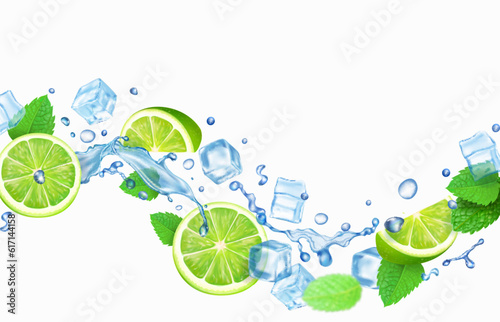 Lime, mint and ice cubes in water splash. Mojito cocktail, lemonade beverage, citrus drink. Lime ice tea. Vector 3d
