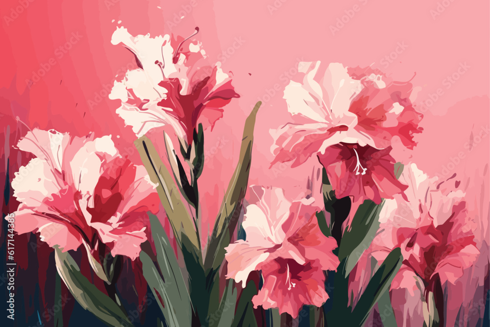 Beautiful gladiolus flowers on trendy pink background 