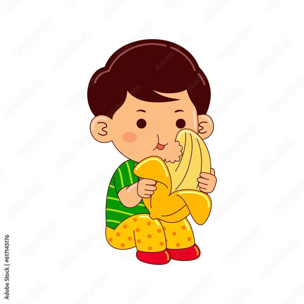 boy kids eating banana vector illustration