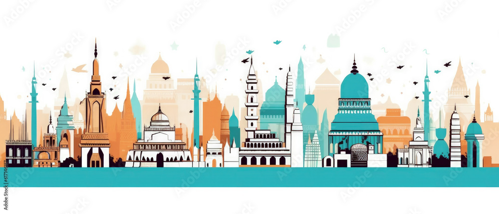 India Famous Landmarks Skyline Silhouette Style, Colorful, Cityscape, Travel and Tourist Attraction - Generative AI