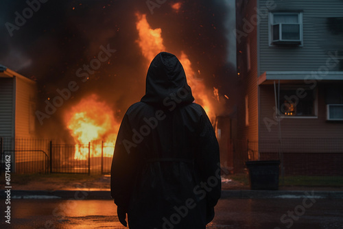 Back view of man standing in front of burning building