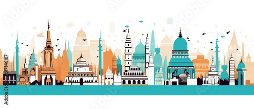 India Famous Landmarks Skyline Silhouette Style, Colorful, Cityscape, Travel and Tourist Attraction - Generative AI