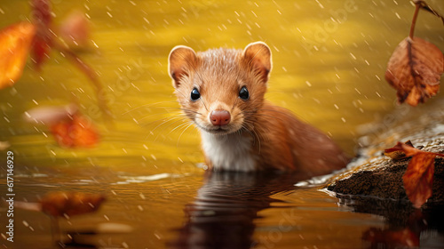least weasel standing in water, autumn rain.  photo