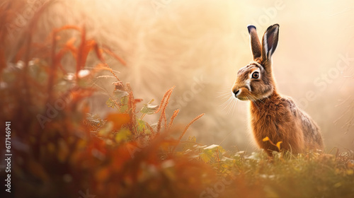 hare in the grass, foggy autumn day.