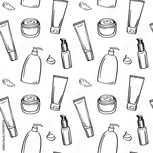 Cosmetics and makeup bottle seamless pattern in line art style. Vector illustration. Doodle lines background. Dropper bottle for oil, face cream, hand cream, gel, moose.