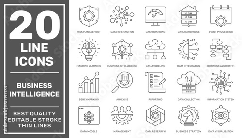 Set of icons related to business Intelligence and business management, such as machine learning, data modeling, development, visualization, risk management, and more. Editable stroke
