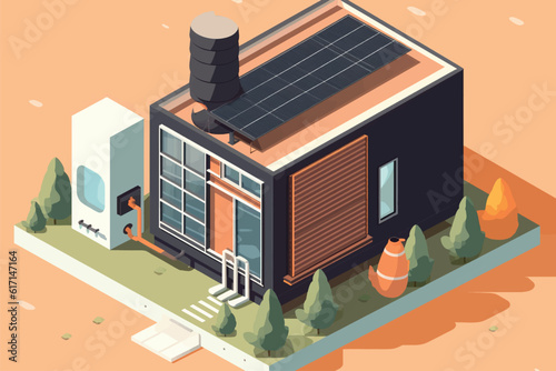 Framework concept for the installation of air source heat pumps. Heat pump in a family home. Vector illustration
