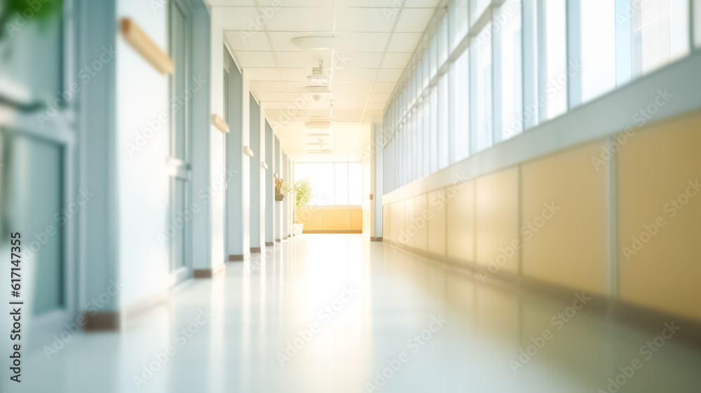 Interior of hospital bright corridor with rooms.

