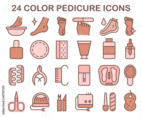 Pedicure and spa treatment color icons set. Professional equipment